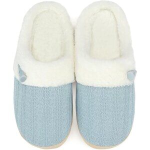 Women's Light Blue Scuff Faux Fur Lining Memory Warm Foam Plush Slippers Shoes
